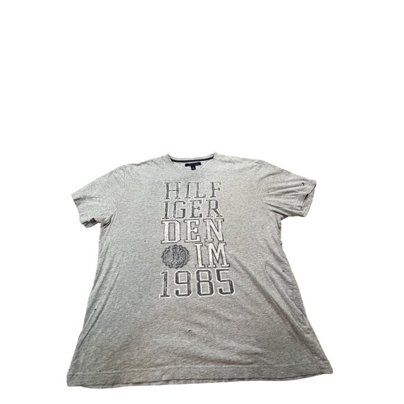 Tommy Hilfiger Denim 1985 Spell Out Shirt Mens XL Gray Made 9/11 Thrashed Preppy - Picture 1 of 13